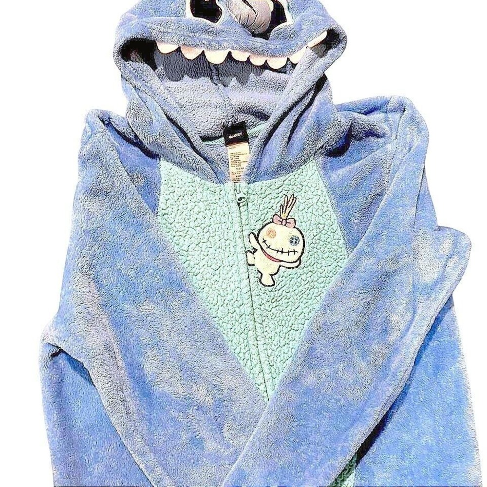 Disney Stitch Kids Plush Fleece Hooded Union Suit One Piece Pajamas Blue Scrump - Picture 2 of 4
